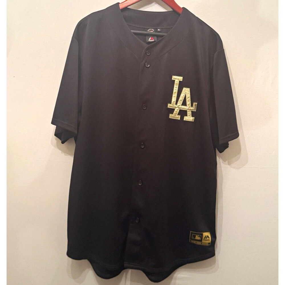 Majestic Los Angeles Dodgers Black Gold Button Up Jersey Shirt Mens XL MLB